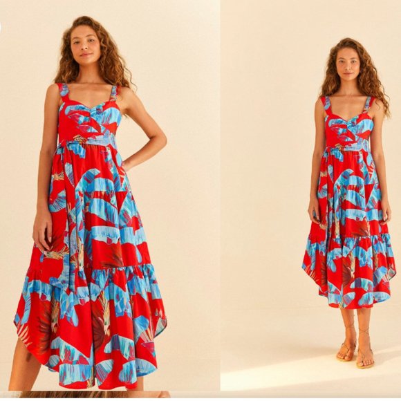 FARM RIO RED SWEET JUNGLE PRINT MIDI DRESS sz M - Picture 1 of 4